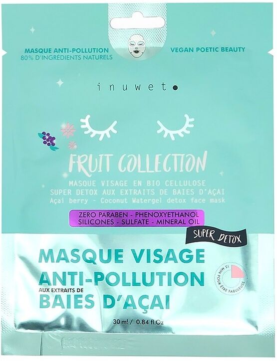 inuwet - maschera viso vegana in biocellulosa / raccolta frutta / disintossicazione anti inquinamento / bacche di acai maschera idratante 30 ml unisex