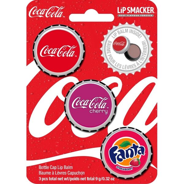 lip smacker - trio di balsami labbra a forma di bottiglia di coca-cola (gusto classico, cherry e fanta fragola) balsamo labbra 4 g unisex