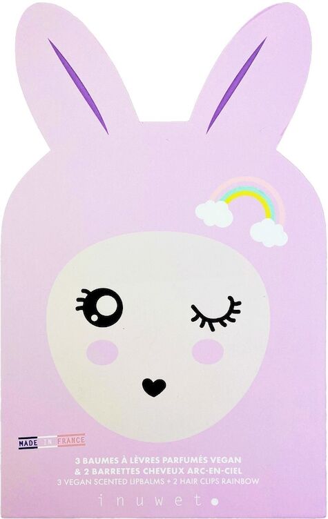 inuwet - confezione deluxe paper bunny - 3 balsami labbra idratanti e 2 mollette per capelli - vegan, naturale, made in france set 3 g female