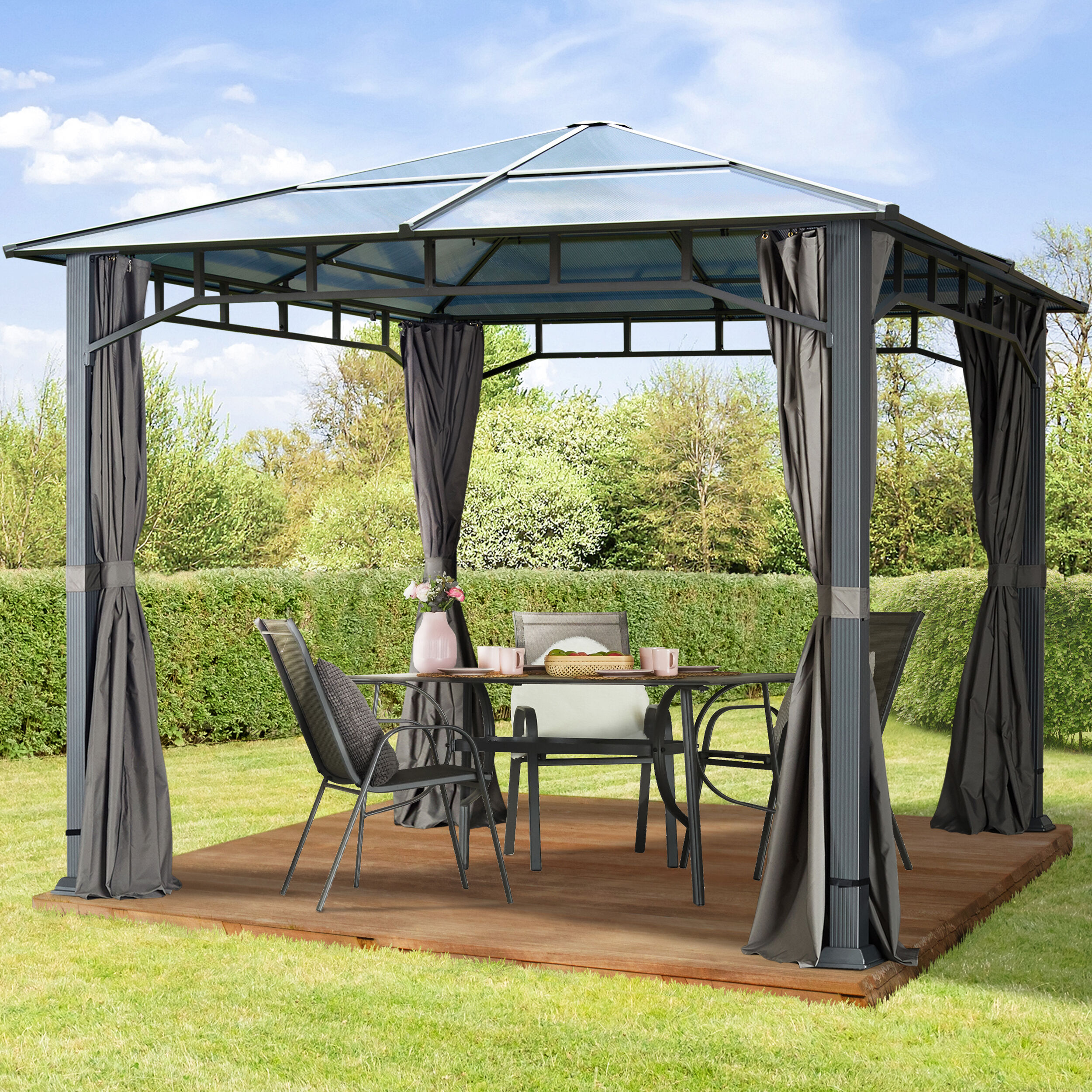 Toolport Gazebo da Giardino 3x3m in policarbonato 8 mm grigio impermeabile Toolport Gazebo da Giardino 3x3m in policarbonato 8 mm grigio impermeabile