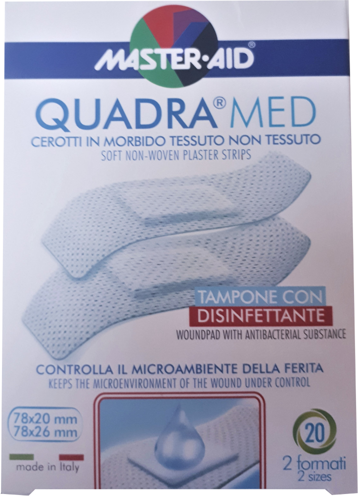 Pietra Santa Pharma Master Aid Quadramed Cerotti in tnt con tampone disinfettante 2 formati (20 pz) Pietra Santa Pharma Master Aid Quadramed Cerotti in tnt con tampone disinfettante 2 formati (20 pz)
