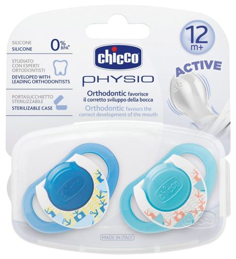 Chicco Physio Succhietti Active in silicone 12+ mesi colori blu e azzurro (2 pz) + portasucchietto