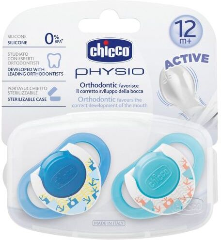 Chicco Physio Succhietti Active in silicone 12+ mesi colori blu e azzurro (2 pz) + portasucchietto Chicco Physio Succhietti Active in silicone 12+ mesi colori blu e azzurro (2 pz) + portasucchietto