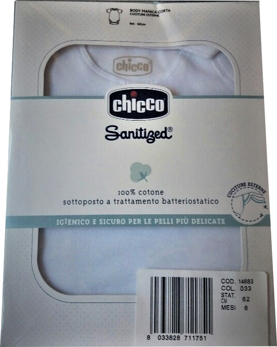 Chicco Sanitized Body neonati 100% cotone mesi 6 colore bianco manica corta (1 pz) Chicco Sanitized Body neonati 100% cotone mesi 6 colore bianco manica corta (1 pz)