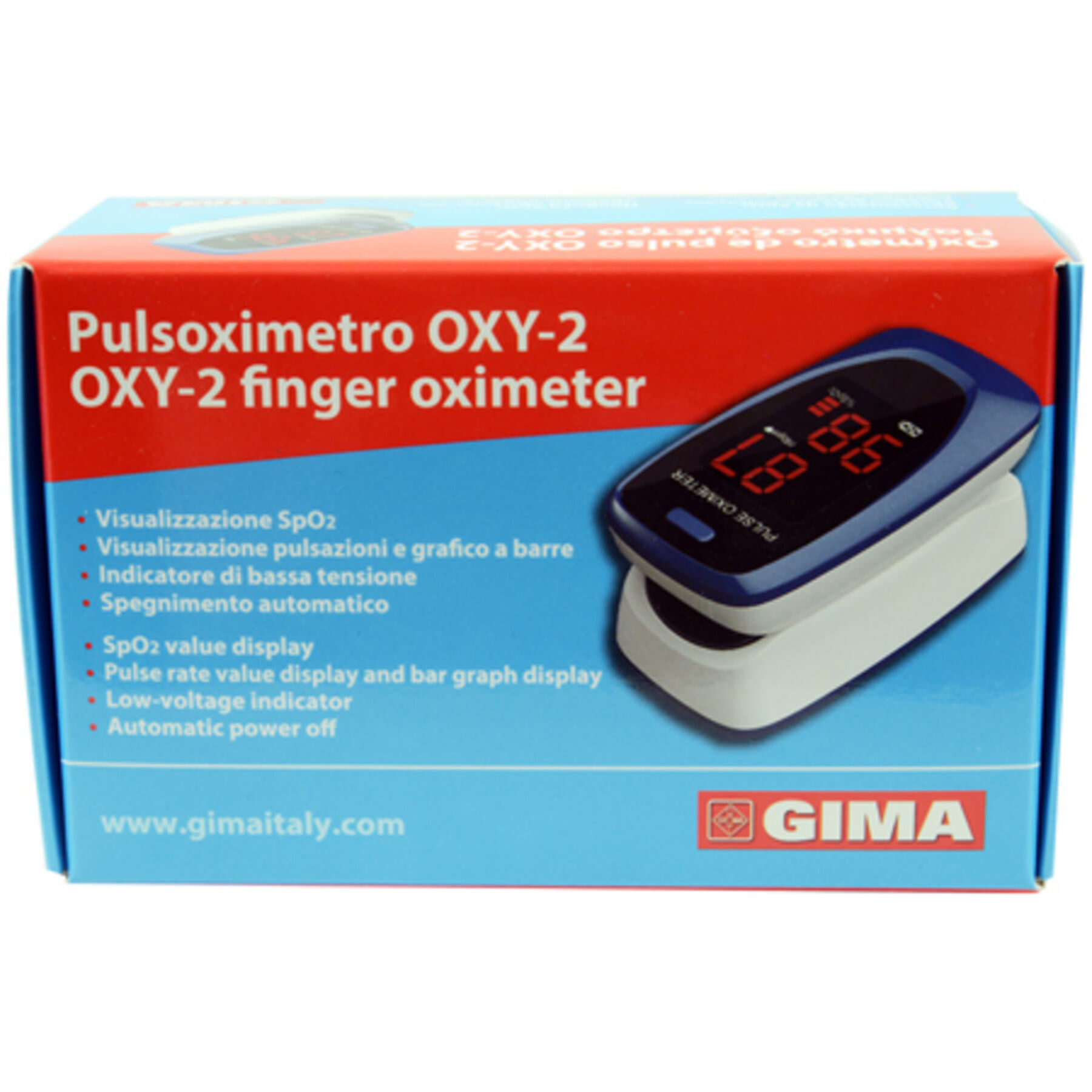 gima spa pulsoximetro da dito oxy-2 finger pulsossimetro schermo led 60x30,5x32,5mm (1 pezzo)