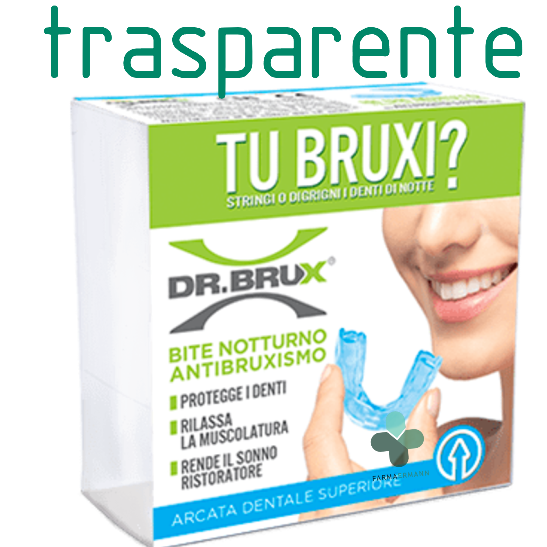 Montefarmaco Dr Brux Bite Notte trasparente per arcata superiore + custodia (1 pz)