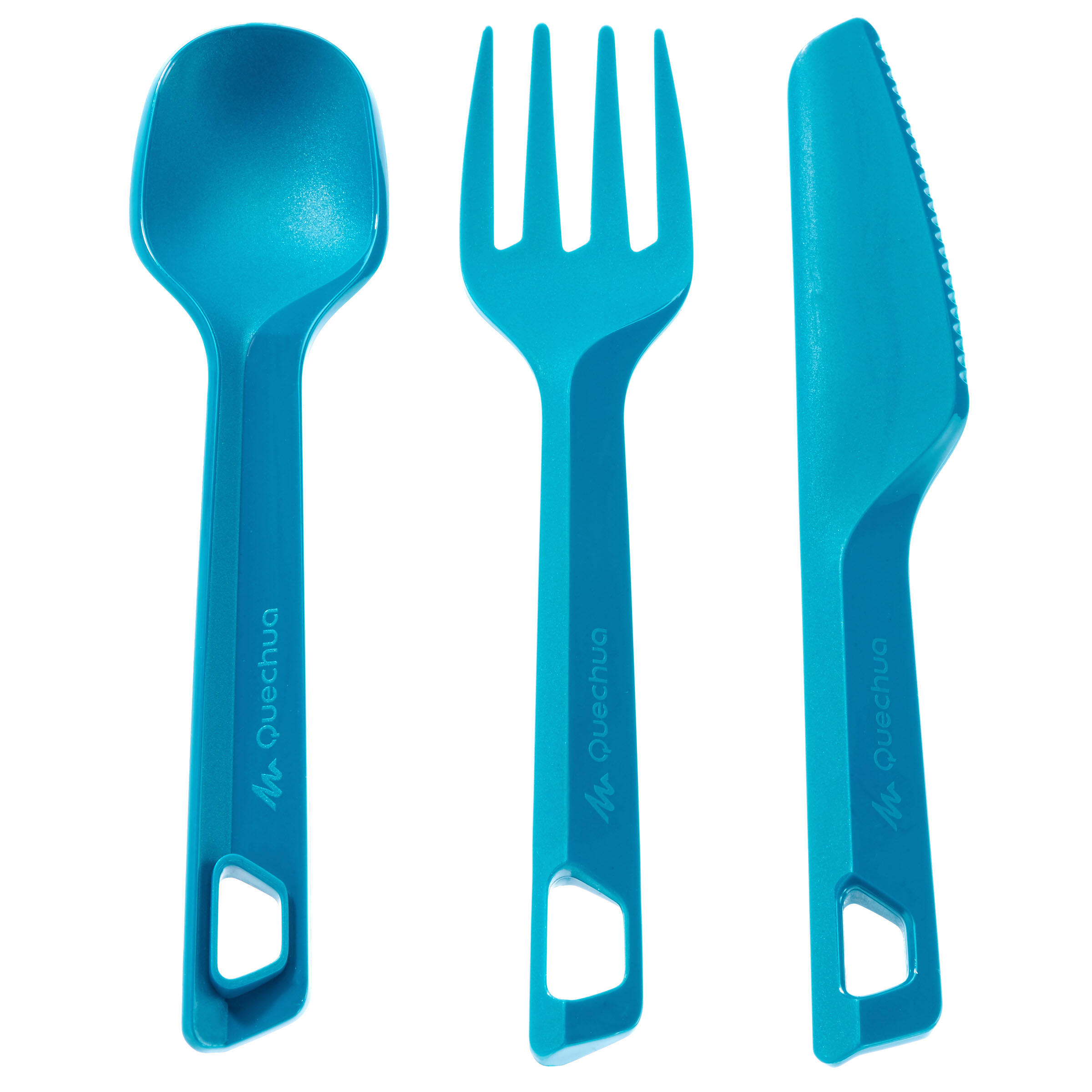 QUECHUA Decathlon - Set 3 posate (coltello, forchetta, cucchiaio) in plastica azzurro -