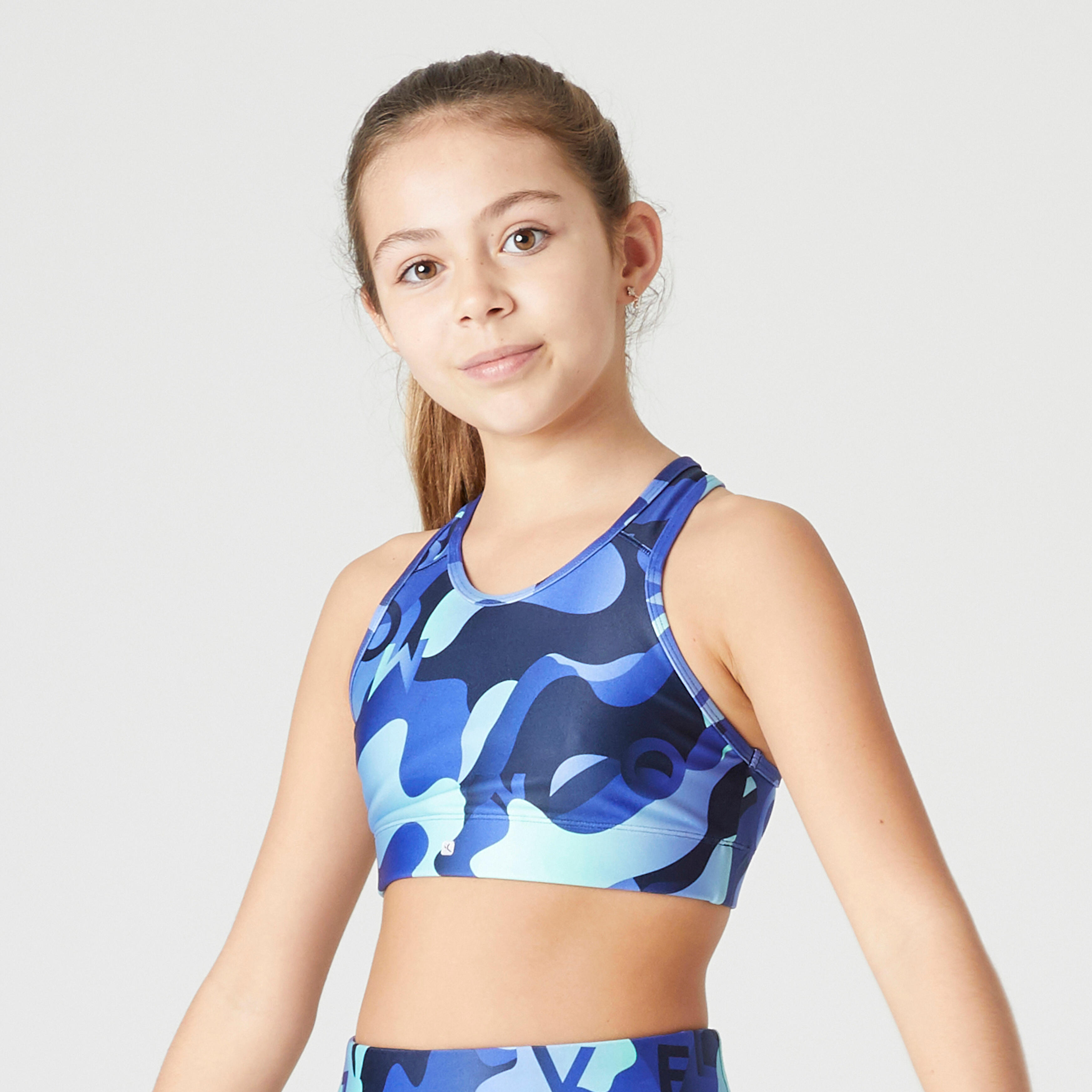 Domyos Top bambina ginnastica S500 azzurro con stampa