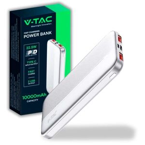 V-TAC Power Bank 10000 mAh con Ricarica Rapida PD 22.5W - PowerBank Batteria Esterna Sottile con Porta USB Type-C e 2 Porte USB-A - Compatibile iPhone, iPad, Samsung, iPad, Xiaomi - Bianco