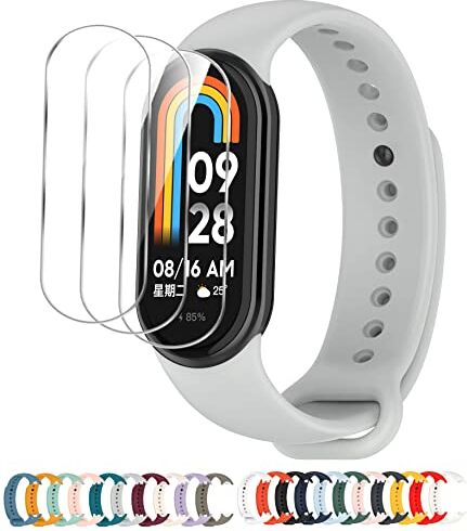 GIOPUEY Cinturini Compatibile con Xiaomi Band 8, [2 in 1] TPU Silicone Cinturino + 3 Pezzi Pellicola Protettiva, [Resistente all'Usura] [Traspirante] - Grigio