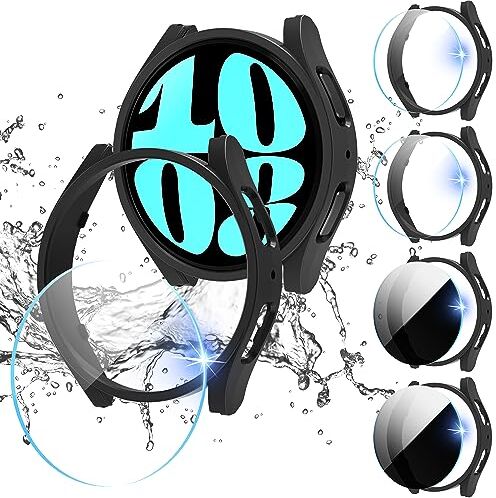 Diruite 4+4 Pezzi Cover per Samsung Galaxy Watch 6 40mm Pellicola Protettiva,Resistente Graffi PC Custodia*4 & Trasparente Vetro Temperato Pellicola*2 + Privacy Vetro*2 per Galaxy Watch 6 40mm