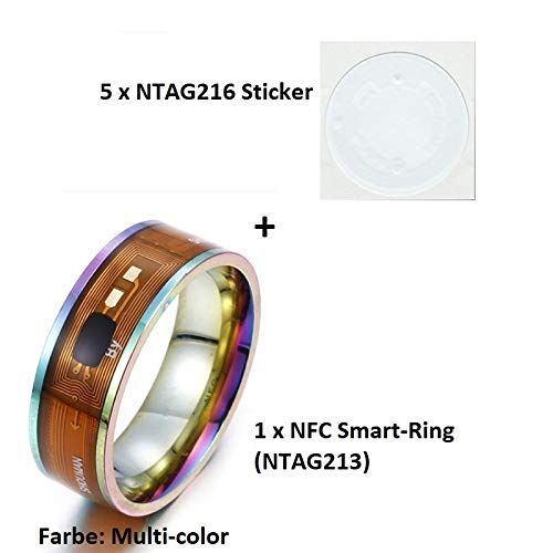 MCalle NFC Smart Ring con Chip NTAG213 (180 Byte) nelle Dimensioni degli Stati Uniti 6 13 con 5 X NTAG216 (888 Byte) Sticker