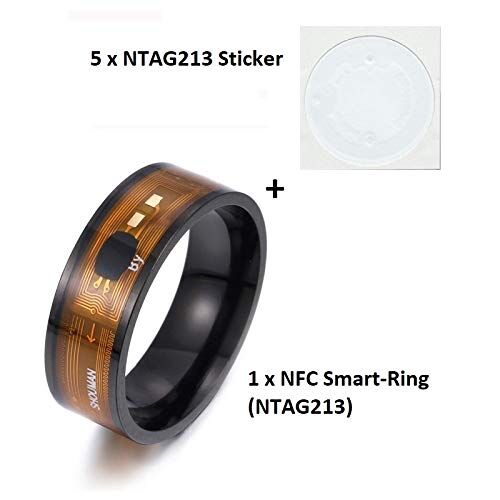 MCalle NFC Smart Ring con Chip NTAG213 (180 Byte) nelle Dimensioni degli Stati Uniti 6 13 con 5 X NTAG213 (180 Byte) Sticker