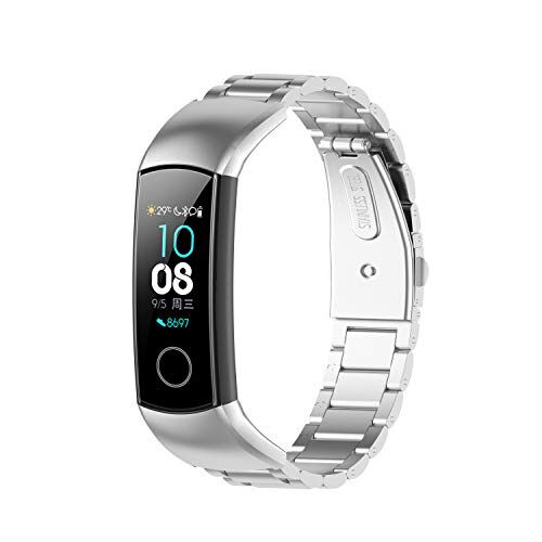 Yikamosi Compatible with Huawei Honor Band 4/Band 5,Stainless Steel Metal Quick Fit Replacement Smart Watch Bracelet Strap Bands for Huawei Honor Band 4(CRS-B19)/Band 5(CRS-B19S)(Silver)