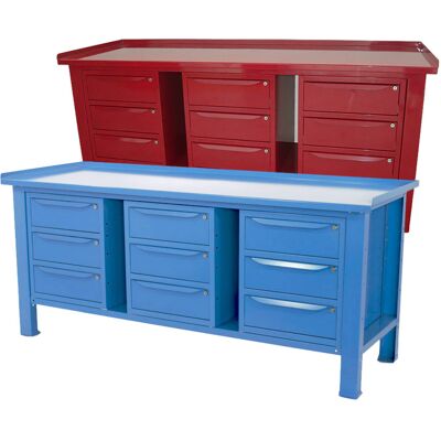 Banco da lavoro SOGI 2 m con piano in acciaio portata 1000 kg + 3 armadi a 3 cassetti - blu/rosso Banco da lavoro SOGI 2 m con piano in acciaio portata 1000 kg + 3 armadi a 3 cassetti - blu/rosso