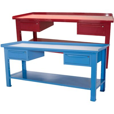 Banco da lavoro SOGI 2 metri con piano in acciaio portata 1000 kg + 2 cassetti - blu/rosso Banco da lavoro SOGI 2 metri con piano in acciaio portata 1000 kg + 2 cassetti - blu/rosso
