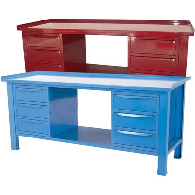 Banco da lavoro SOGI 2 m con piano in acciaio portata 1000 kg + 2 armadi a 3 cassetti - blu/rosso Banco da lavoro SOGI 2 m con piano in acciaio portata 1000 kg + 2 armadi a 3 cassetti - blu/rosso