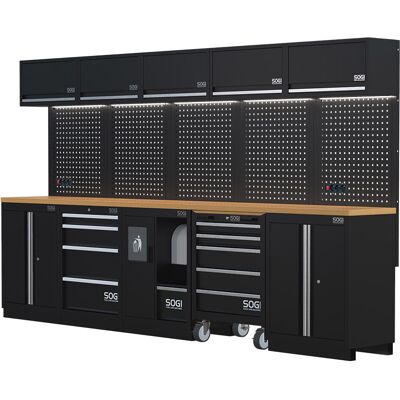 Arredamento modulare in lamiera SOGI ARR-OFF-3400-L per officina e garage - piano in legno - 3400x465x2000 mm Arredamento modulare in lamiera SOGI ARR-OFF-3400-L per officina e garage - piano in legno - 3400x465x2000 mm
