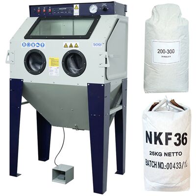 Sabbiatrice SOGI S-100 + sacco 25 kg di corindone grana 36 + 25 kg microsfere vetro grana 200/300 Sabbiatrice SOGI S-100 + sacco 25 kg di corindone grana 36 + 25 kg microsfere vetro grana 200/300