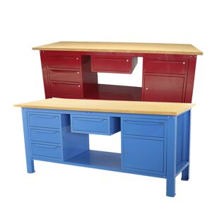 Banco lavoro SOGI 2m piano legno + cassetto + armadio a 3 cass + armadio anta cassetto - blu/rosso
