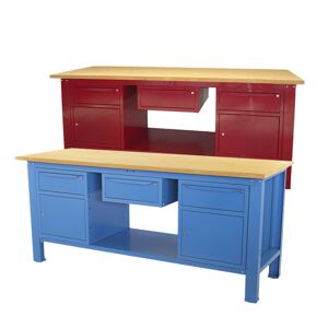 Banco lavoro SOGI 2m con piano in legno + 2 armadi con anta e cassetto + 1 casssetto - blu/rosso
