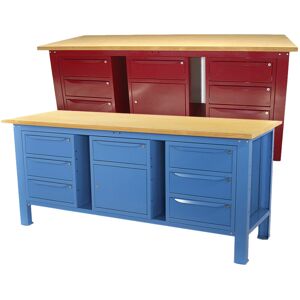 Banco lavoro SOGI 2m piano legno + 2 armadi a 3 cassetti + armadio con anta e cassetto - blu/rosso