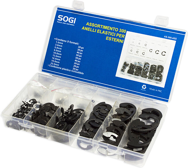 ASSORTIMENTO SET SERIE DI 300 ANELLI ELASTICI SEEGER PER ESTERNI FORO SOGI AS-300-AEE