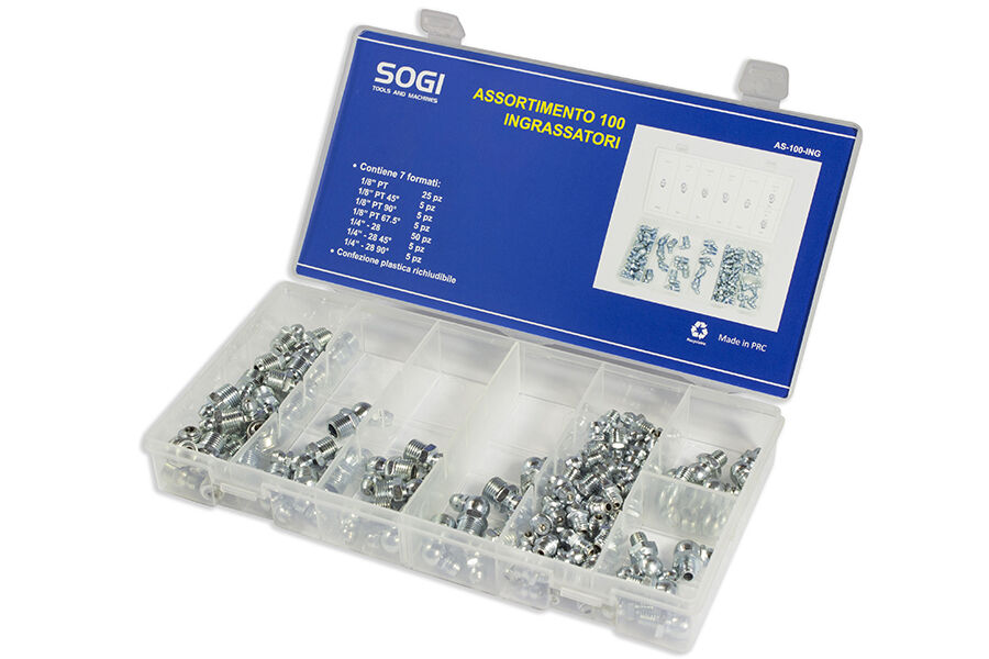 ASSORTIMENTO SET SERIE DI 100 INGRASSATORI TESTINE INNESTO FILETTATURA POLLICI SOGI AS-100-ING