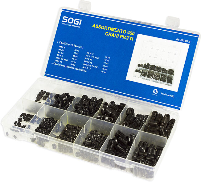 ASSORTIMENTO SET SERIE DI 450 GRANI PIATTI ACCIAIO DA M3 A M10 SOGI AS-450-GRN