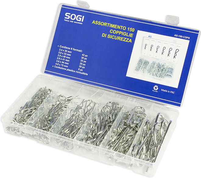 ASSORTIMENTO SET SERIE DI 150 COPPIGLIE DI SICUREZZA PERNI FERMI SOGI AS-150-COP ACCIAIO