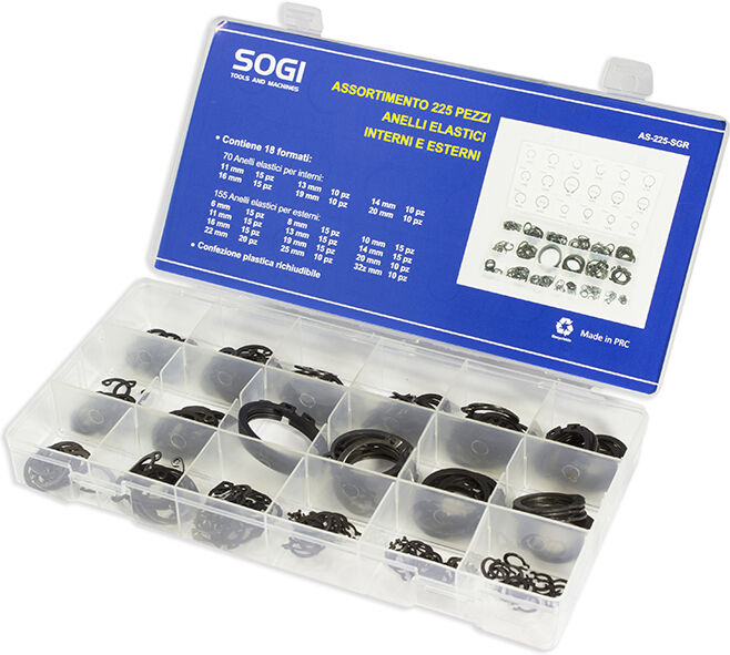 ASSORTIMENTO SET SERIE DI 225 ANELLI ELASTICI SEEGER PER INTERNI E ESTERNI SOGI AS-225-SGR