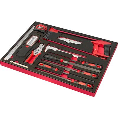 Assortimento di 13 utensili SOGI TER-17 - metro - lampada LED - righello - cutter - calibro - seghetto - lime varie Assortimento di 13 utensili SOGI TER-17 - metro - lampada LED - righello - cutter - calibro - seghetto - lime varie
