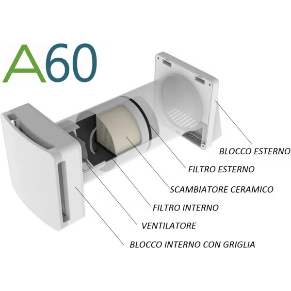 unità di recupero di calore a60-flat duo vmc puntuale a singolo flusso portata 50 m3/h air con telecomando incluso a 3 velocità