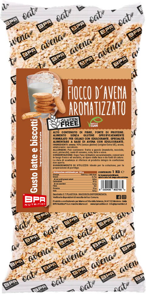 bpr nutrition fiocco d'avena aromatizzato senza glutine 1 kg latte e biscotti