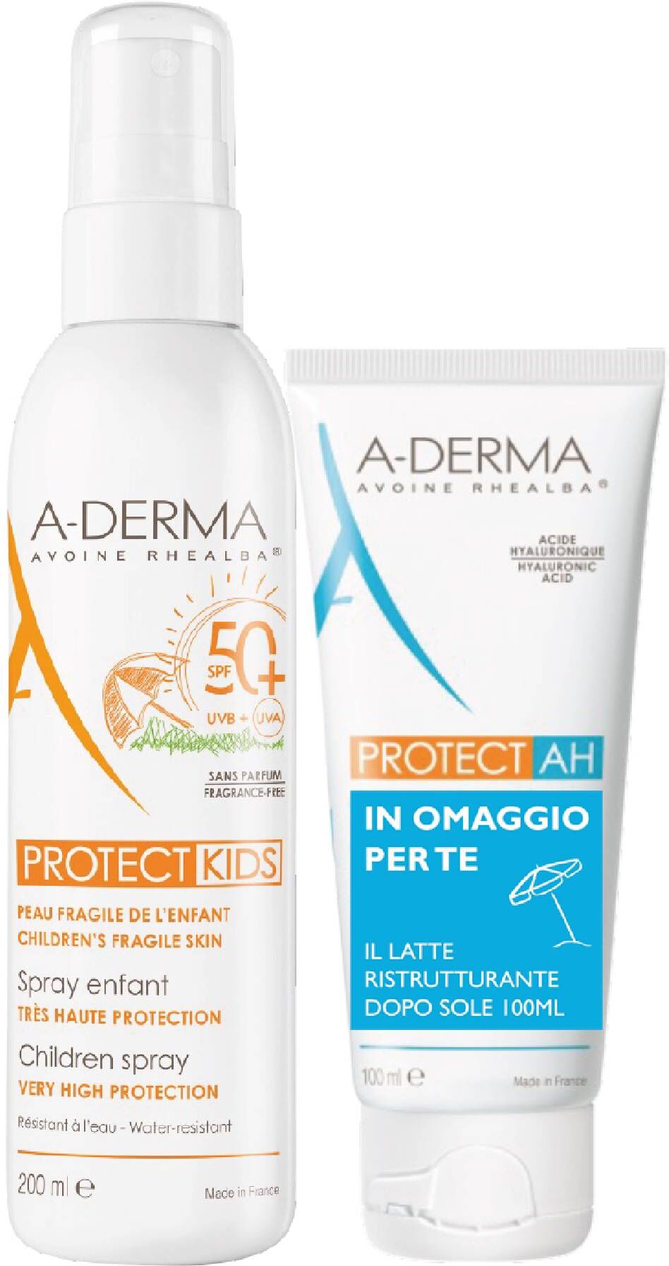 a-derma kit solare protect kids spray bambino spf50+ 200ml + protect ah latte ristrutturante doposole idratante 100ml