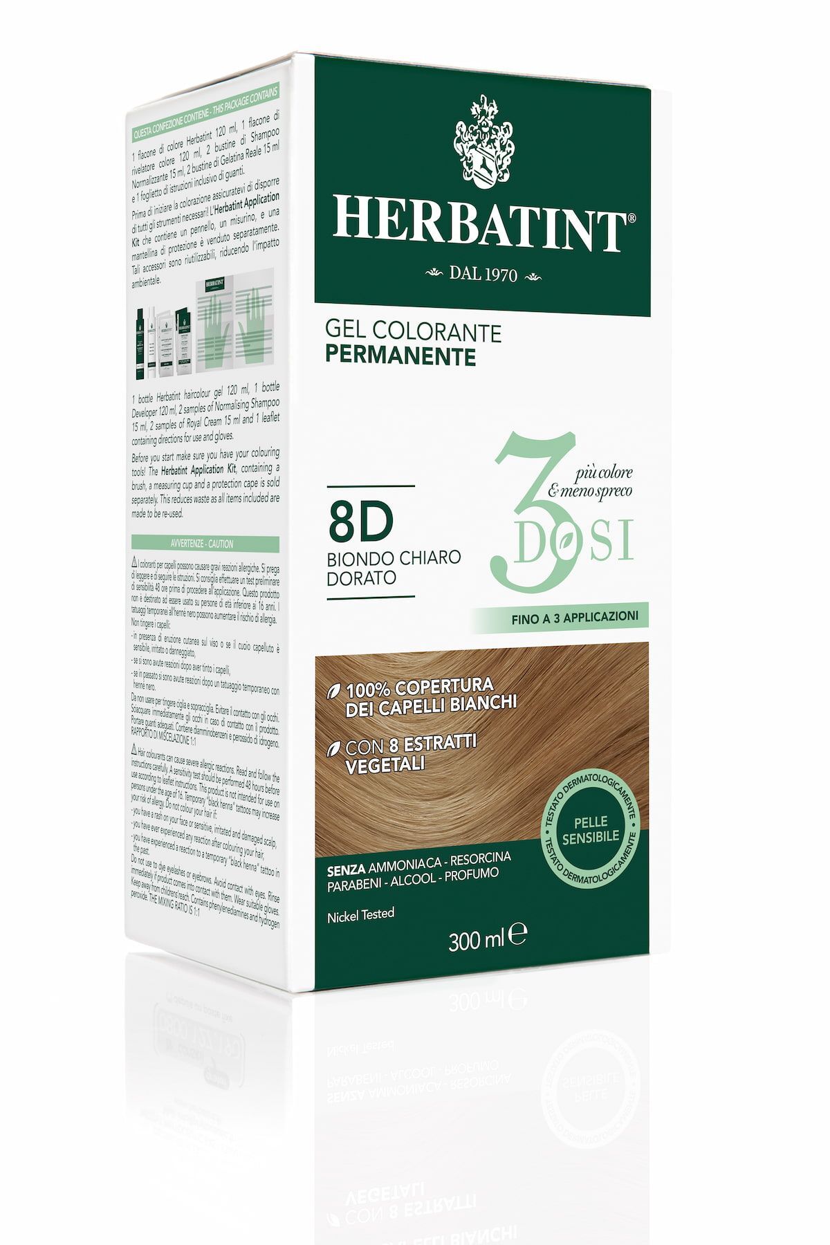 Herbatint Gel Colorante Permanente 3 Dosi 8d Biondo Chiaro Dorato 300ml