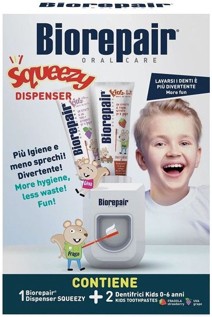 biorepair squeeze kit igiene orale dispenser + 2 dentifrici bambini