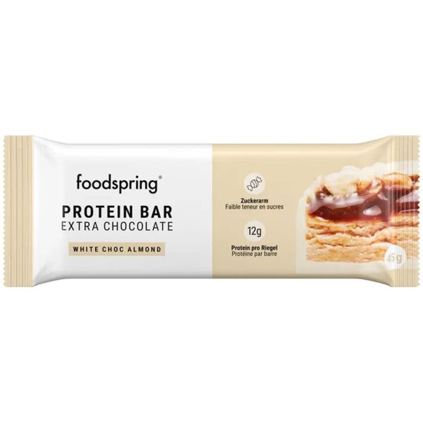 foodspring barretta proteica extra cioccolato gusto cioccolato bianco e mandorla 45g