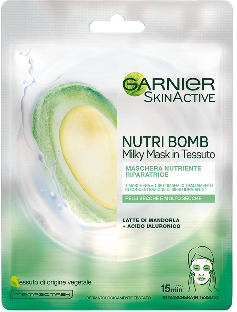 Garnier Maschera Tessuto Nutribomb Latte Di Mandorla E Acido Ialuronico Nutriente Riparatrice 28g