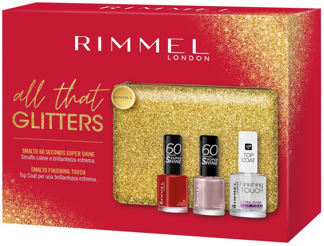 rimmel london all that glitters pochette 2 smalti unghie + top coat