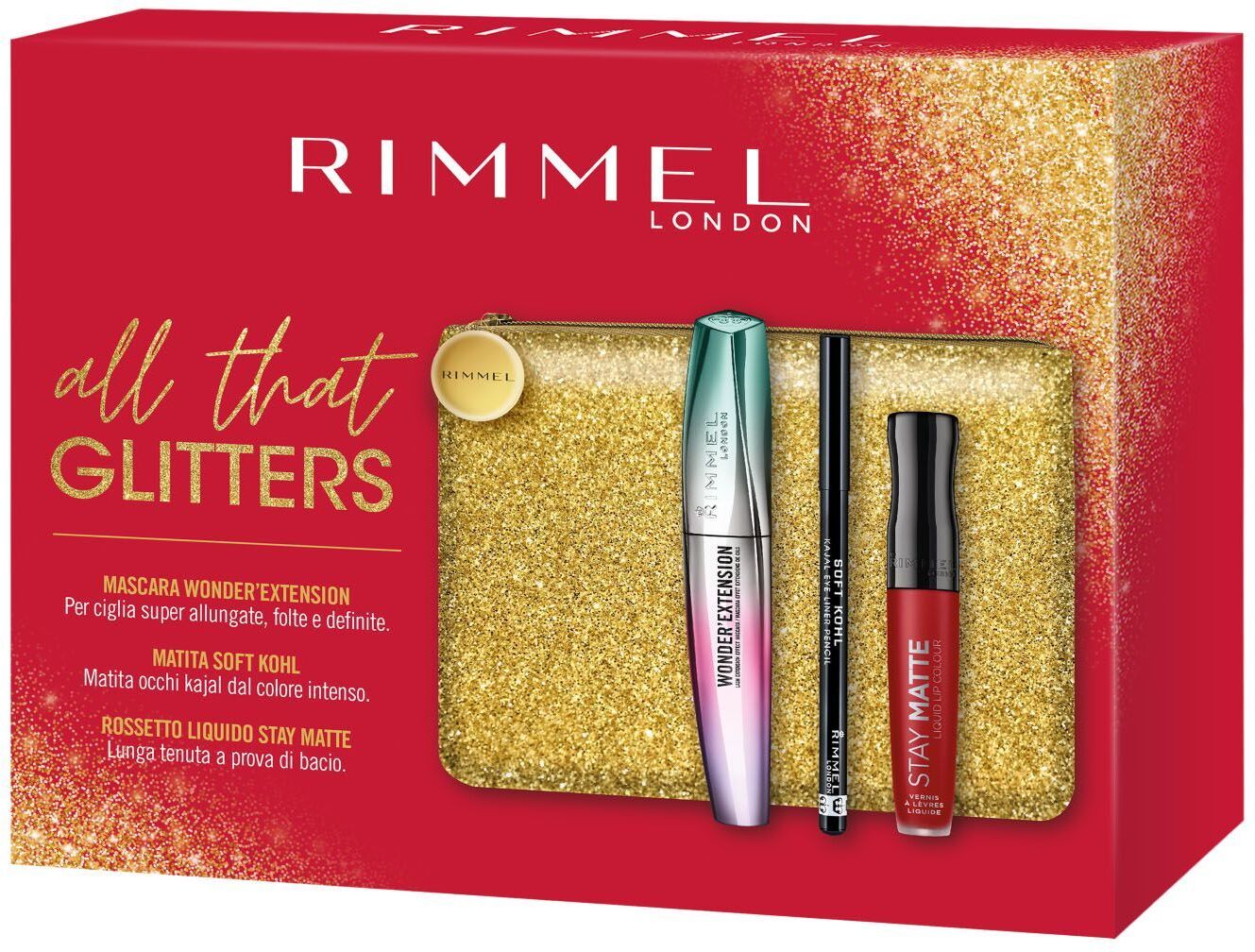 rimmel london all that glitters pochette mascara kajal e liquid lip