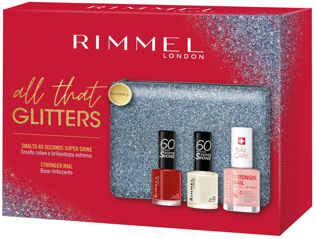 rimmel london all that glitters pochette base rinforzante e 2 smalti