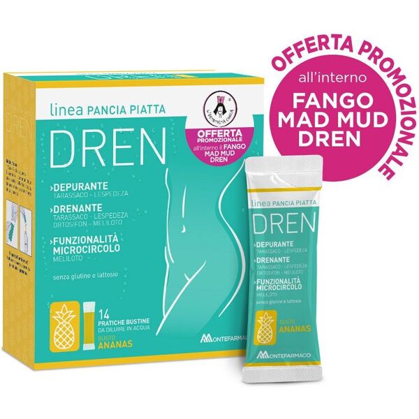 montefarmaco pancia piatta dren integratore ananas 14 bustine + mad mud dren 100ml