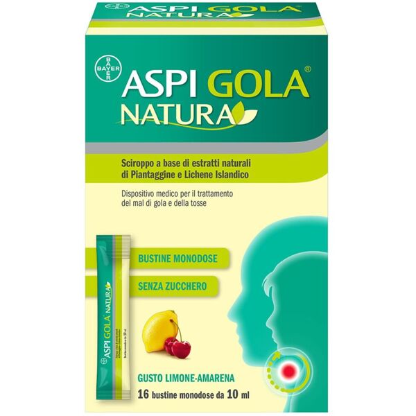 aspi gola natura sciroppo per mal di gola e tosse gusto limone e amarena 16 bustine 10ml