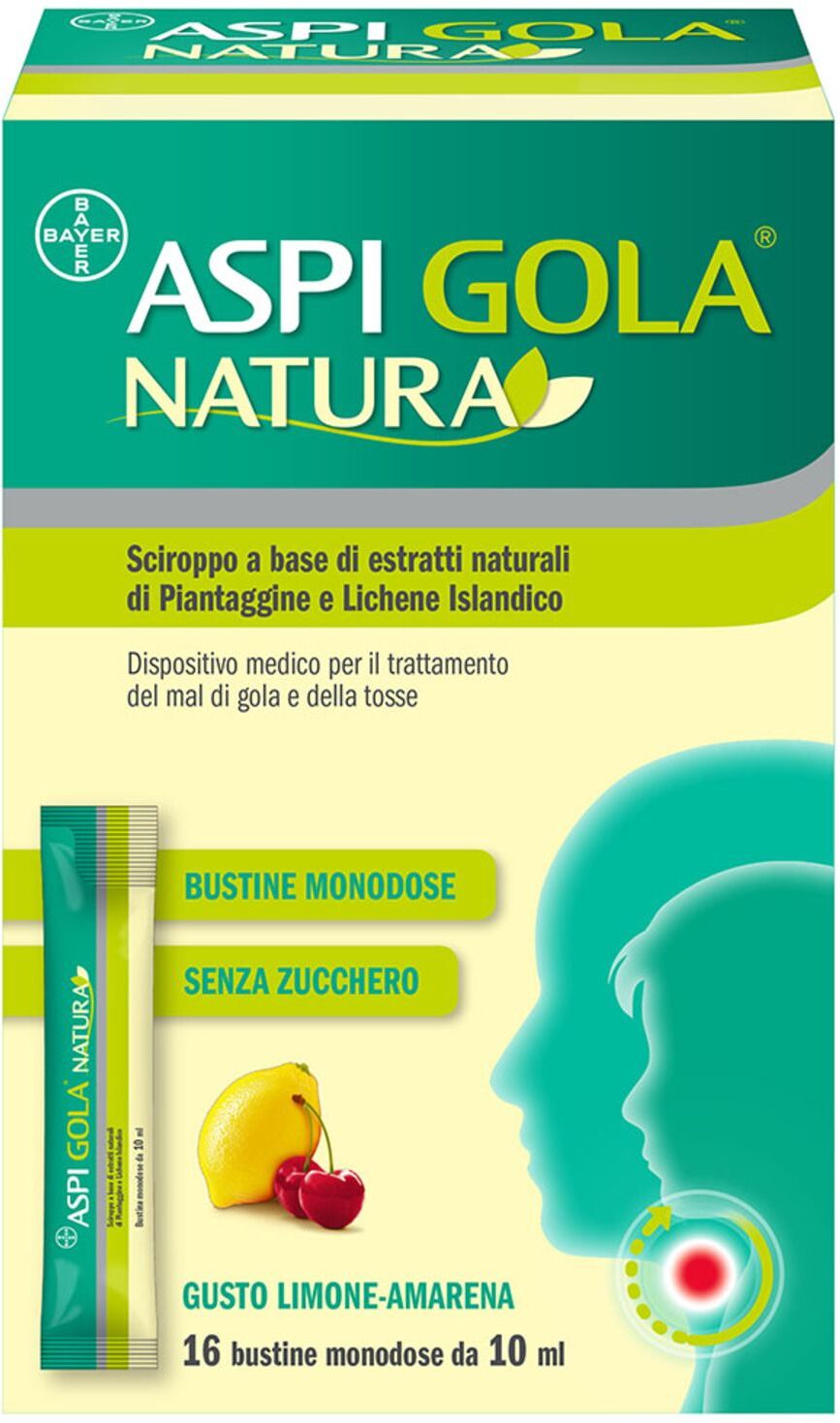 Aspi Gola Natura Sciroppo Per Mal Di Gola E Tosse Gusto Limone E Amarena 16 Bustine 10ml