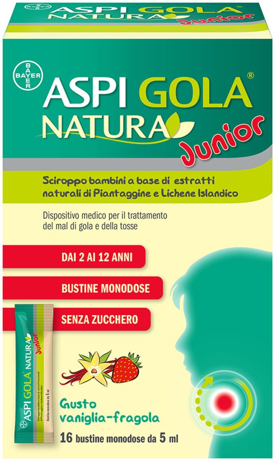 Aspi Gola Natura Junior Sciroppo Mal Di Gola E Tosse Per Bambini Vaniglia Fragola 16 Buste