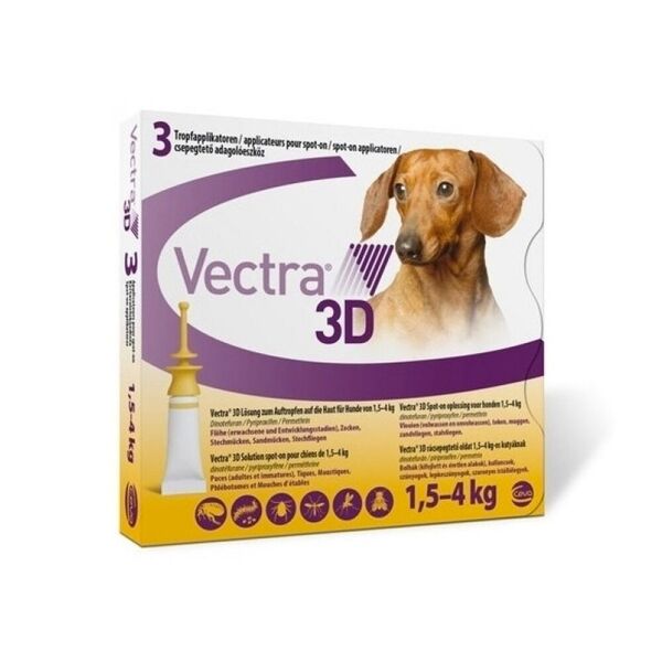 ceva salute animale spa vectra 3d spot-on soluzione 3 pipette 0,8ml 44mg + 3,9mg + 317mg cani da 1,5 a 4kg, tappo giallo