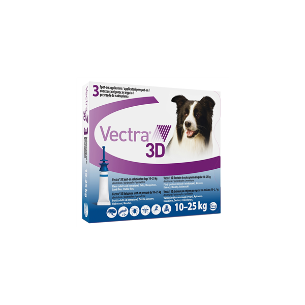 ceva salute animale spa vectra 3d spot-on soluzione 3 pipette 3,6ml 196mg + 17,4mg + 1429mg cani da 10 a 25 kg tappo blu