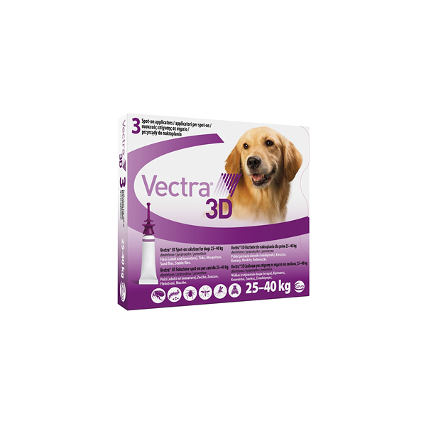 ceva salute animale spa vectra 3d spot-on soluzione 3 pipette 4,7ml 256mg + 22,7mg + 1865mg cani da 25 a 40 kg tappo viola