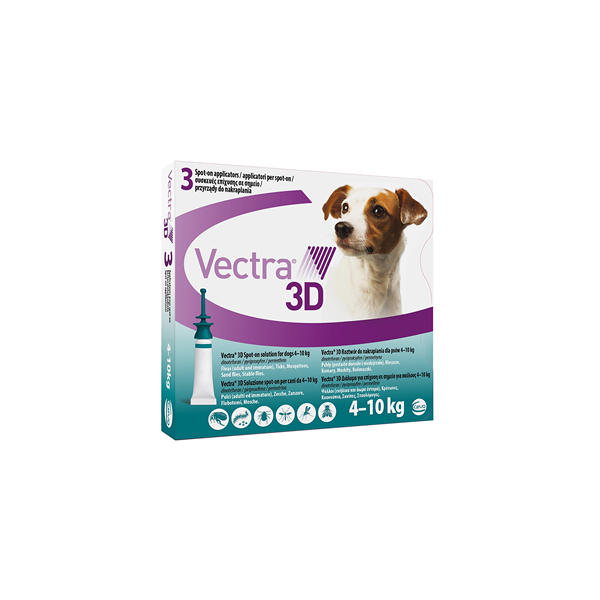 ceva salute animale spa vectra 3d spot-on soluzione 3 pipette 1,6ml 87mg + 7,7mg + 635mg cani da 4 a 10 kg tappo verde